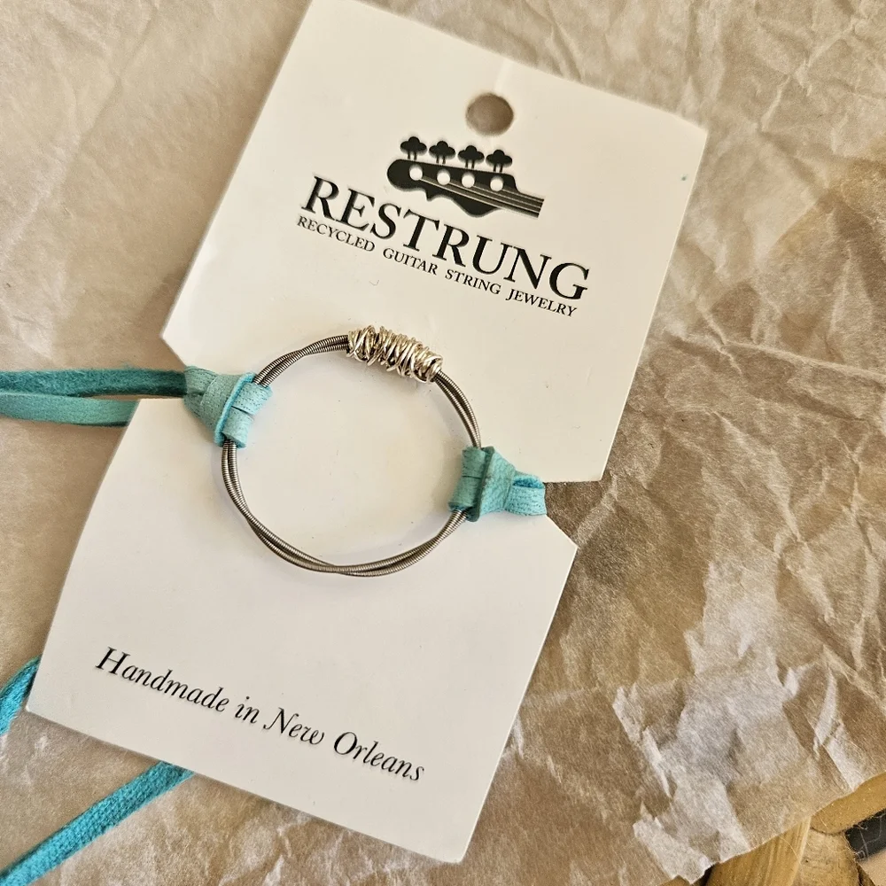 Restrung guitar string Silver necklace choker leather tie NEW
